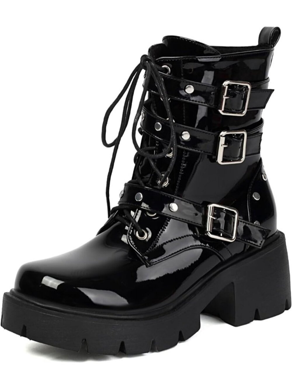 Women's Rivets Black Buckle Rivets Punk Block Heel Round Toe Zipper Ankle Boots
